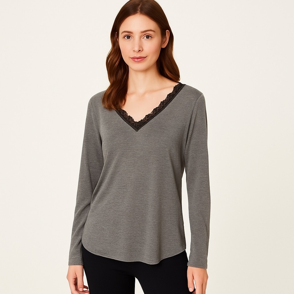 LOFT Gray Long Sleeve Lace Trim V-Neck Top Women’s Casual Soft Knit xl